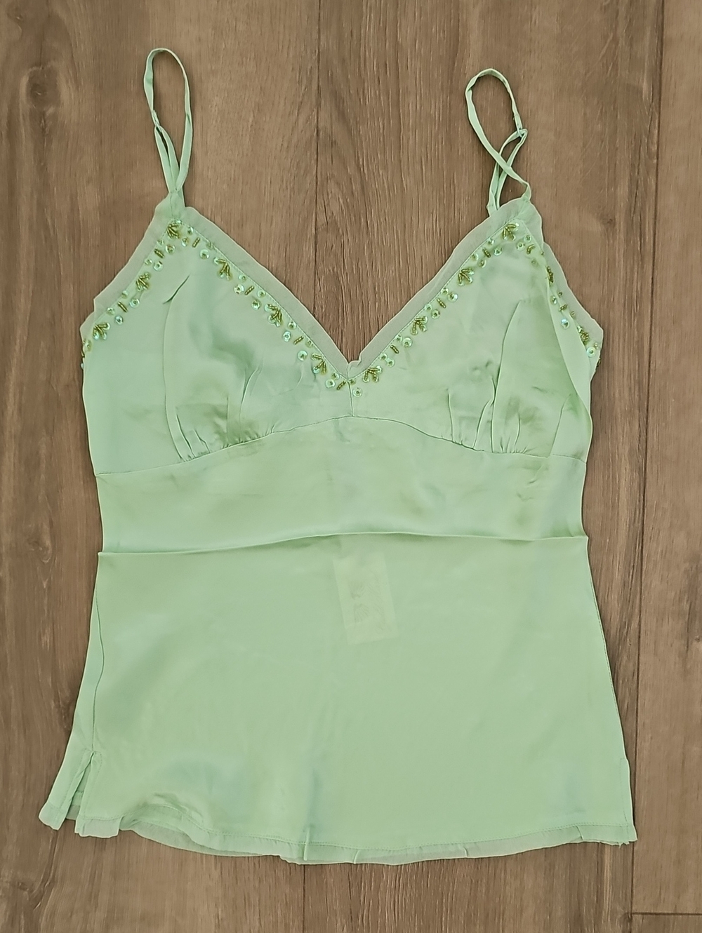 Gold Hawk Light Green Embellished Lace-Trim Camisole 100% Silk Size Small